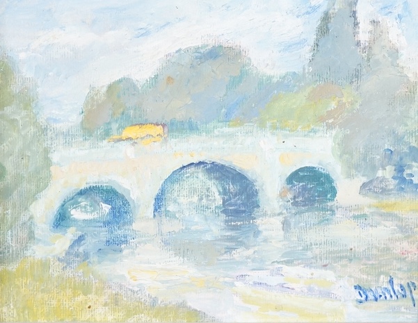 Ronald Ossory Dunlop (Irish, 1894-1973), oil on board, Bridge over water, signed, 18 x 23cm, ornately framed. Condition - good